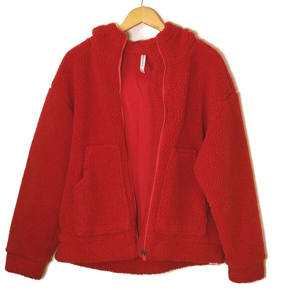 Fabletics Teddy Fleece Jacket Zip Front Hood Sporty Athleisure Cozy Red Size M - Picture 6 of 13